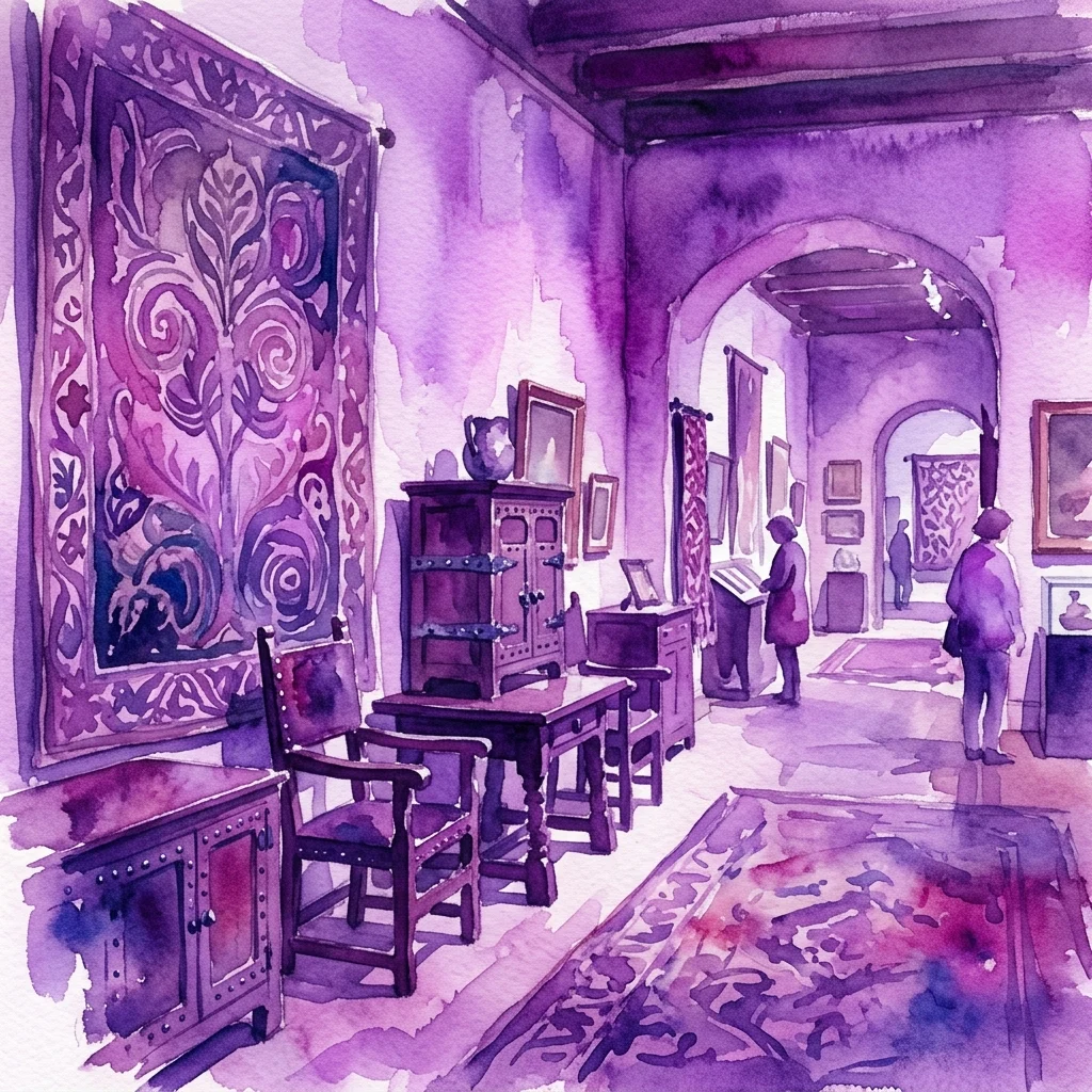 Waterverfillustratie van een tentoonstellingsgalerie met ontwerpen uit de Arts & Crafts-beweging, waaronder patroontextiel, houten meubels en bezoekers die kunst bekijken.