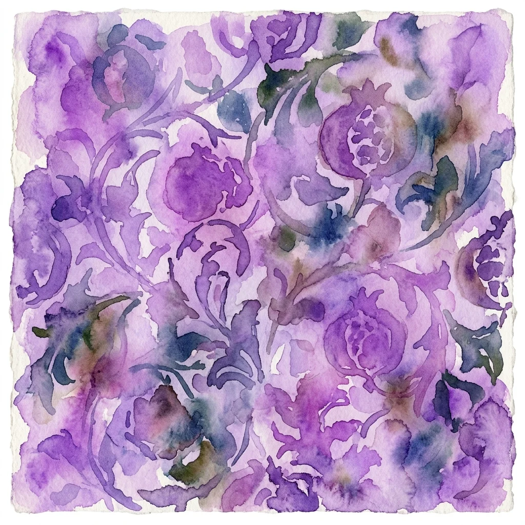 A watercolor illustration of intricate floral and pomegranate patterns in purple and green, inspired by William Morris's Arts & Crafts designs.