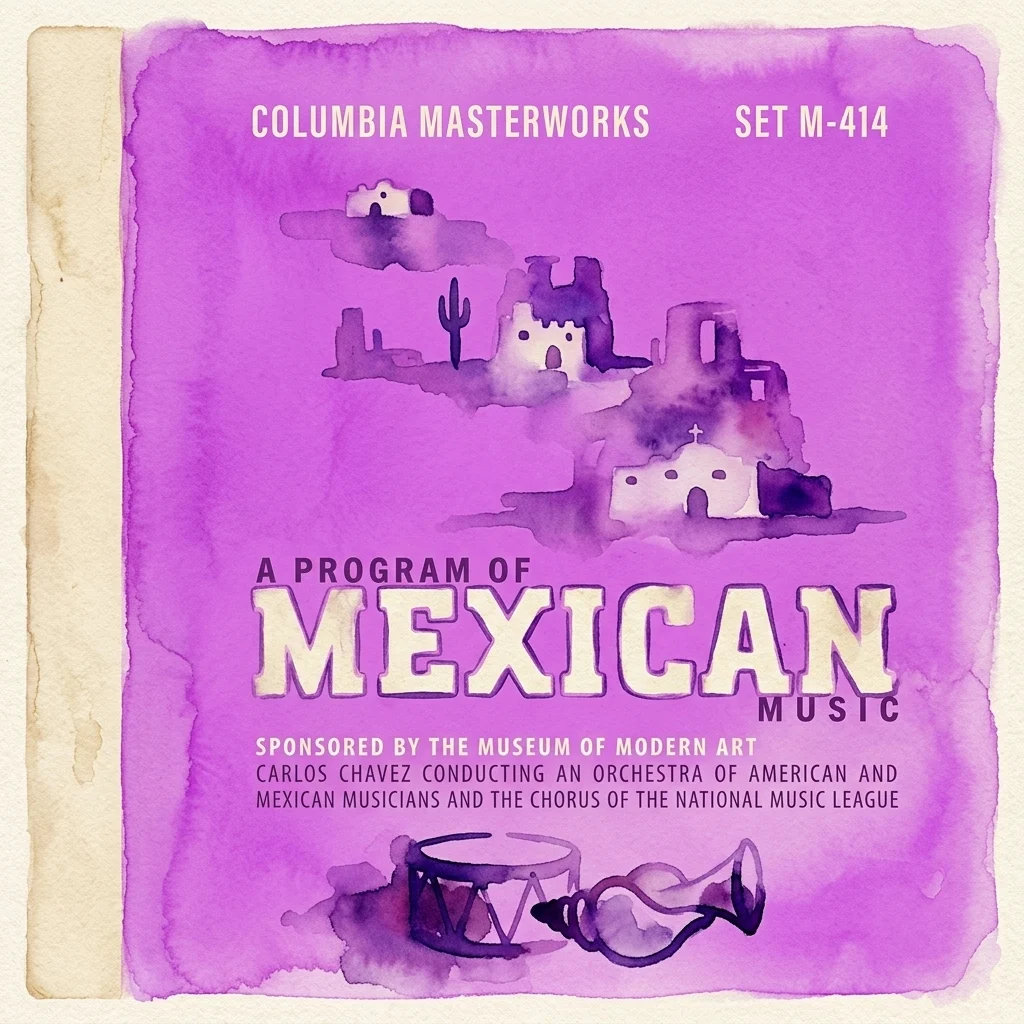 Album cover for 'A Program of Mexican Music' by Carlos Chavez, featuring a purple watercolor design with indigenous architecture, a teponaztli drum, and a conch shell trumpet, sponsored by the Museum of Modern Art.
