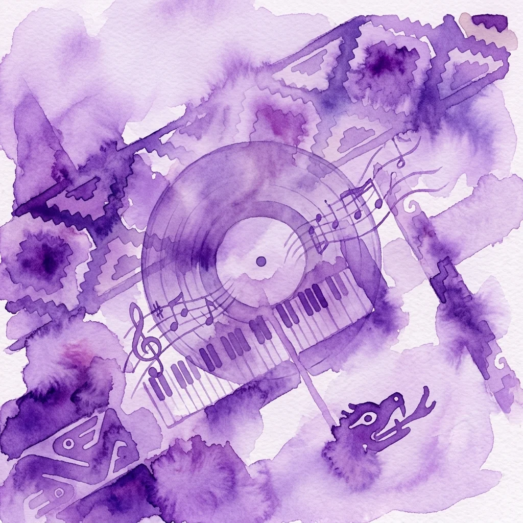 A purple watercolor illustration of a vinyl record with musical notes, piano keys, and Andean-inspired geometric patterns, evoking the cultural and historical context of Gerardo Guevara's 'Yaraví en re menor (1958)'