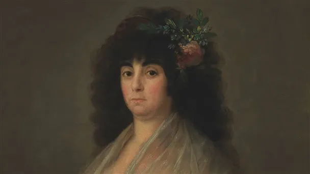 a classical portrait painting of a woman with dark hair and a floral headpiece