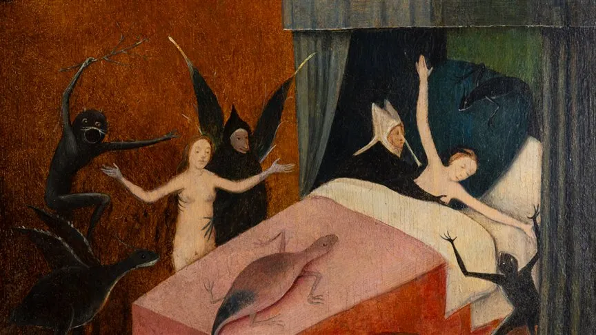 A painting showing a woman in bed surrounded by dark figures and a nude woman reaching out, set against a dark background.