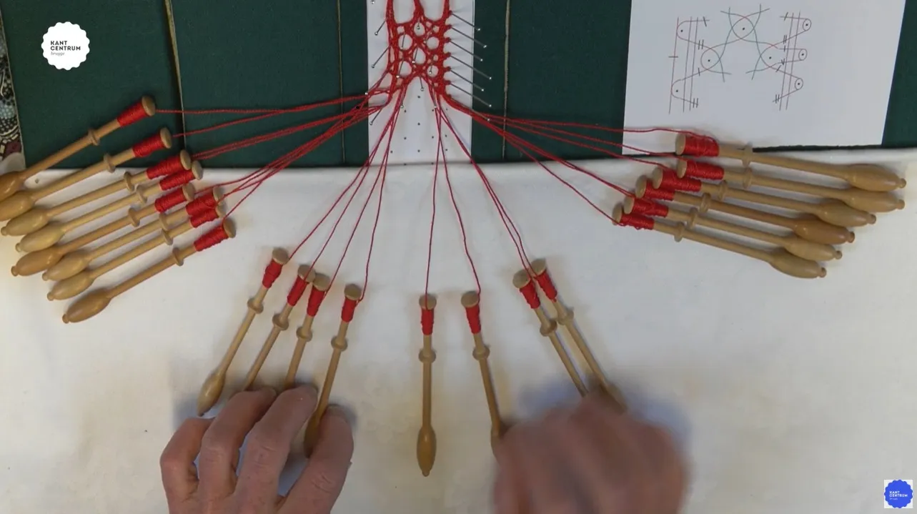 Manos trabajando con bolillos de madera e hilo rojo sobre una almohadilla de encaje, con un diagrama de patrón de encaje visible al fondo