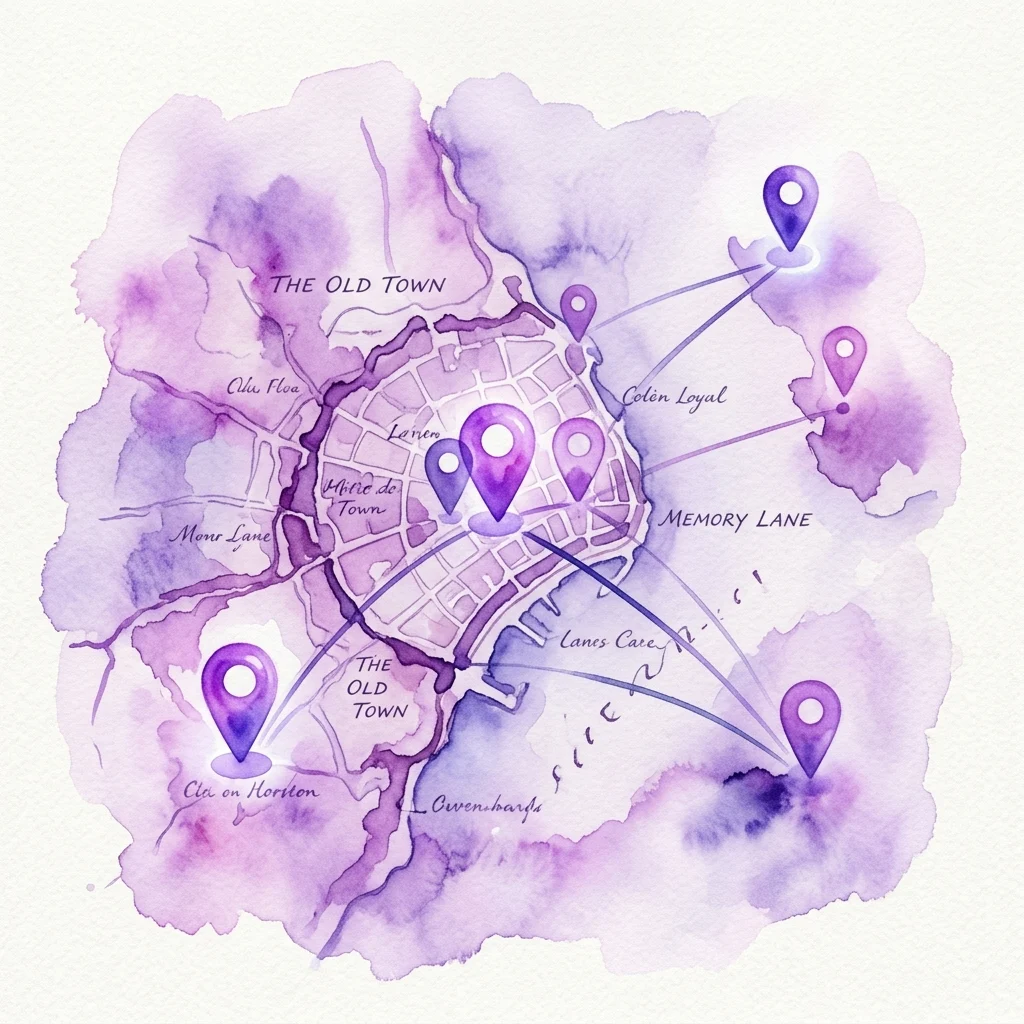 A purple watercolor map of a city with labeled districts like 'The Old Town' and 'Memory Lane,' marked with digital location pins and connecting lines, symbolizing a historical journey.