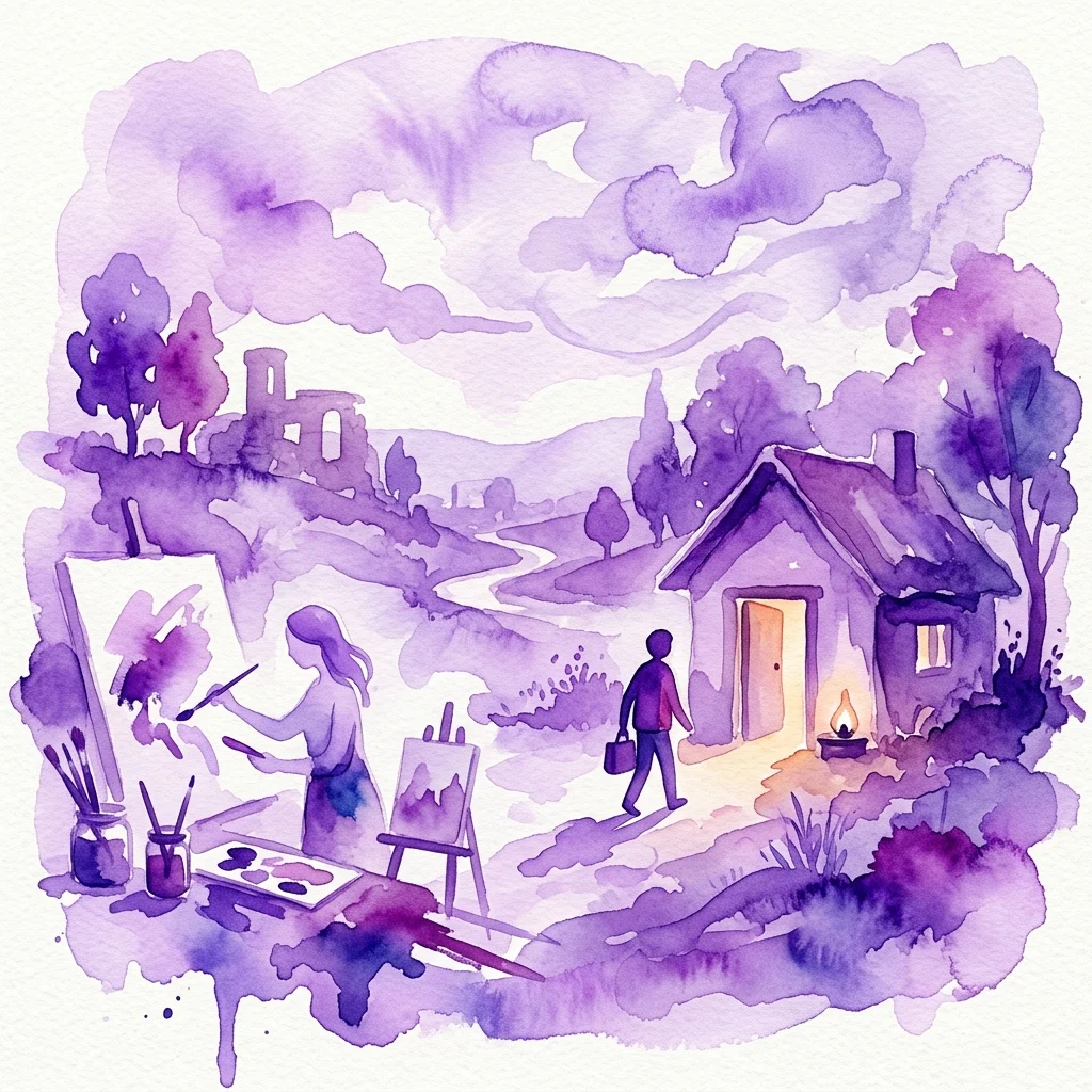 A watercolor illustration in purple tones showing a person walking toward a lit house while an artist paints on an easel, evoking themes of refuge and artistic expression.
