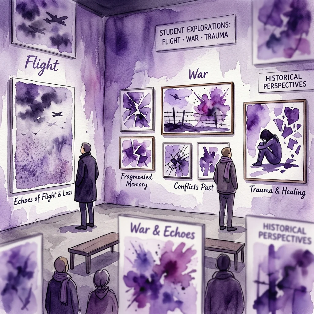 An illustrated exhibition gallery with purple-toned artworks exploring themes of flight, war, and trauma. Visitors view student pieces titled 'Echoes of Flight & Loss,' 'Fragmented Memory,' and 'Trauma & Healing,' under signs reading 'Student Explorations: Flight • War • Trauma' and 'Historical Perspectives.'