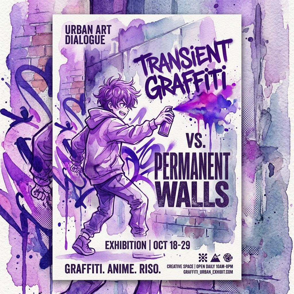 Exhibition poster for "Transient Graffiti vs. Permanent Walls" featuring an anime-style character spray painting a brick wall, blending graffiti art with anime aesthetics and RISO printing textures.