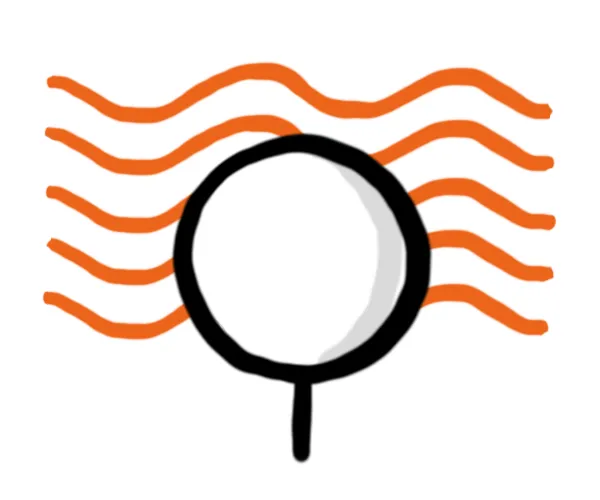 orange wavy lines behind a black circle with a line extending downward