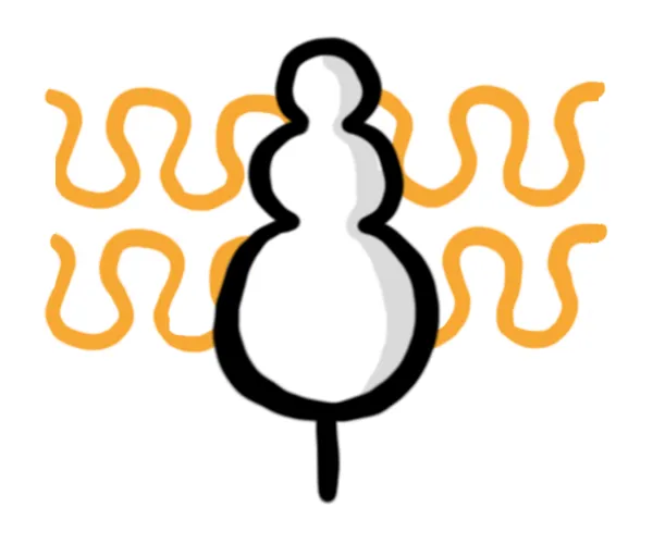 a black and white stylized icon of a figure with a rounded head and body, surrounded by orange wavy lines on a white background