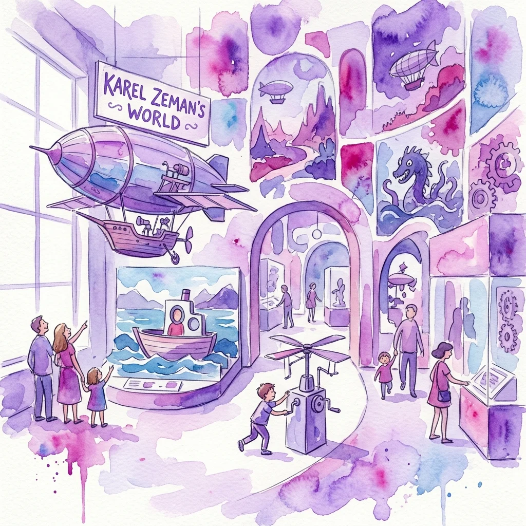 A whimsical watercolor illustration of the Karel Zeman's World exhibition, featuring interactive displays, flying machines, and cinematic backdrops, with families exploring the playful, family-friendly museum space.