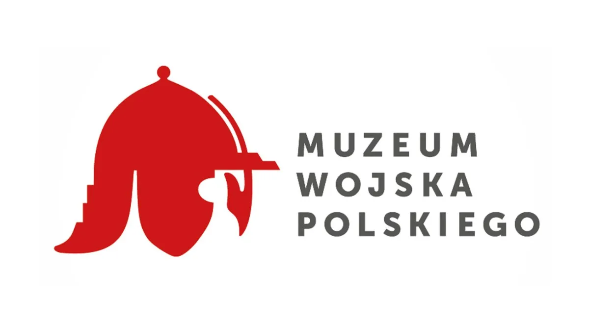 Czerwone stylizowane logo hełmu z dłonią trzymającą pochodnię obok napisu MUZEUM WOJSKA POLSKIEGO