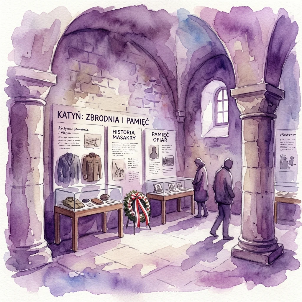 Ilustracja akwarelowa stałej ekspozycji Muzeum Katyńskiego, przedstawiająca historyczne artefakty, panele narracyjne i zwiedzających w uroczystej, łukowej kamiennej galerii.