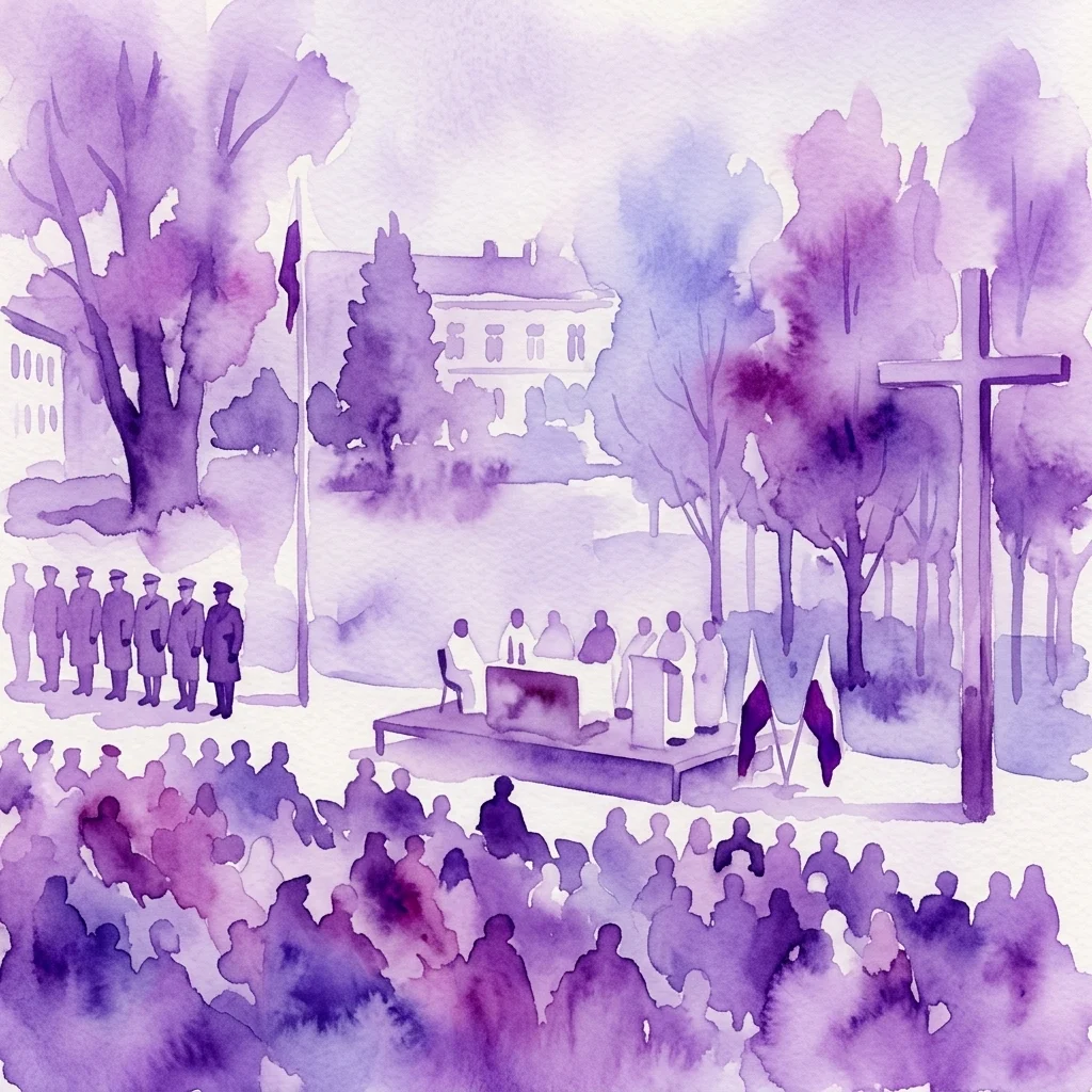 Ilustracja akwarelowa uroczystej ceremonii upamiętniającej przy pomniku plenerowym, przedstawiająca ołtarz polowy, duży krzyż, umundurowanych żołnierzy oraz tłum upamiętniający ofiary zbrodni katyńskiej.