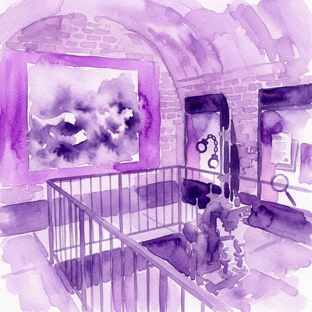 Watercolor illustration of a dimly lit museum exhibit featuring historical crime artifacts like handcuffs, documents, and a magnifying glass in a stone-walled room with an arched ceiling.