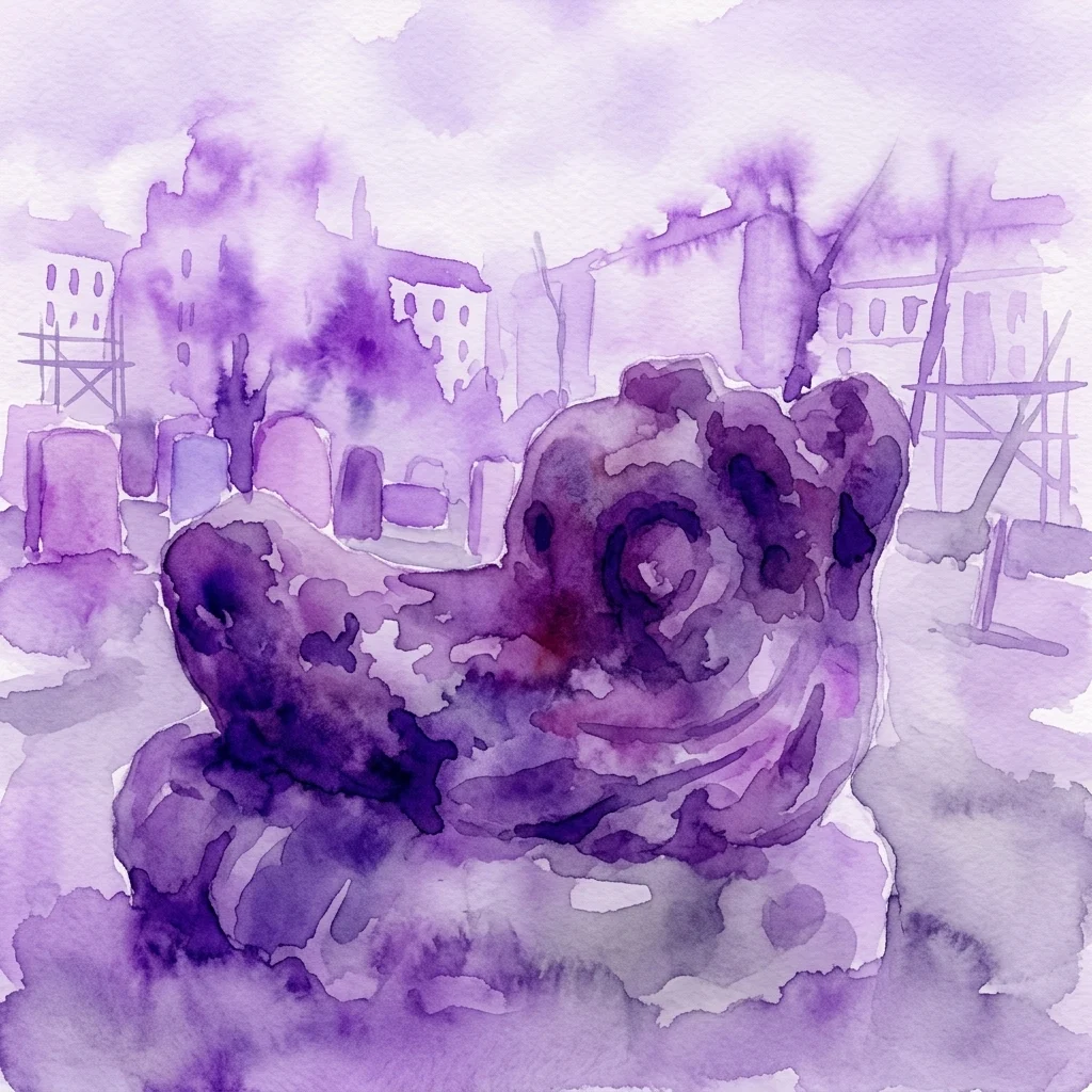 Watercolor illustration of weathered gravestones at Vienna's Jewish cemetery, with scaffolding visible in the background indicating restoration work.