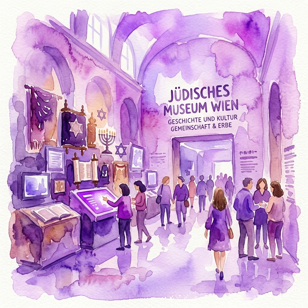 Watercolor illustration of the Jewish Museum Vienna interior, featuring visitors exploring exhibits with Jewish artifacts like a menorah, Torah scroll, and Star of David, under arched ceilings with purple hues.