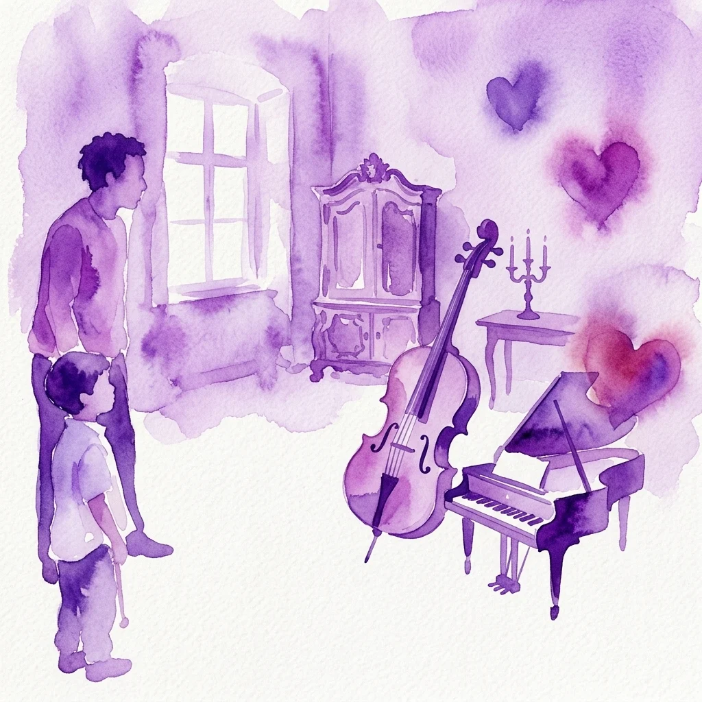Watercolor illustration of a man and child in a historic Viennese apartment with a piano, cello, and ornate furniture, evoking Mozart's era at Mozarthaus Vienna.