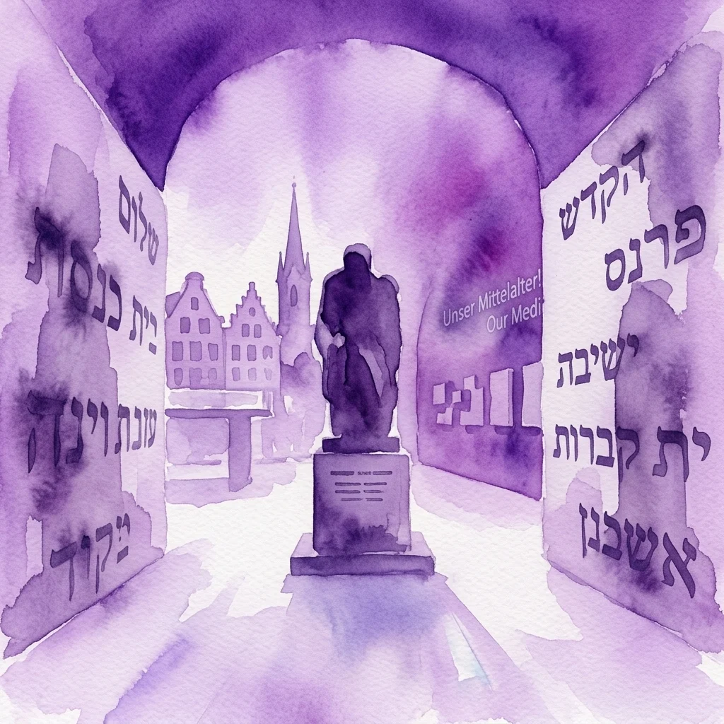 A purple watercolor illustration of the Museum Judenplatz Vienna, featuring a central sculpture and walls with Hebrew and German text, evoking the museum's focus on medieval Jewish history and remembrance.
