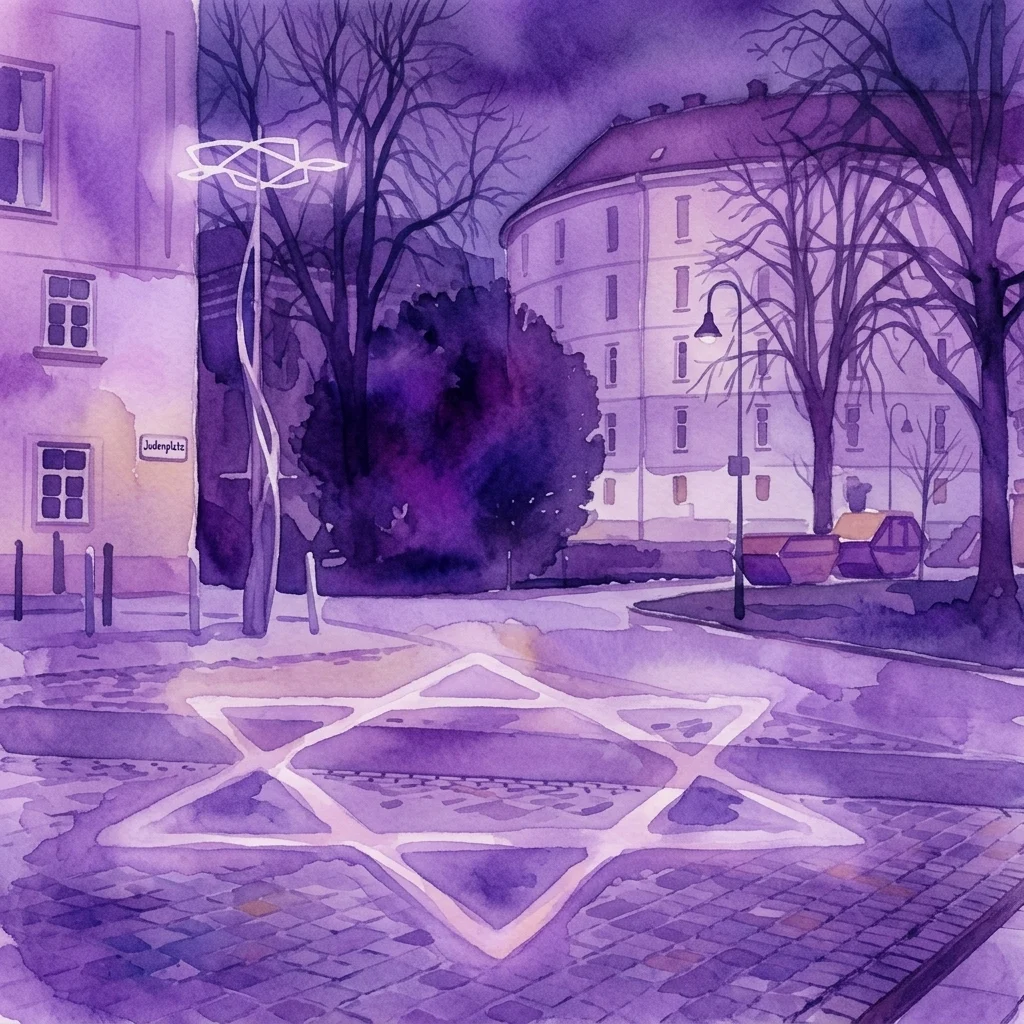 Een aquarelillustratie van een Davidster-lichtinstallatie op een geplaveide straat 's nachts in Wenen, met een bord met 'Judenplatz' op een gebouw, als symbool van herdenking van de Joodse gemeenschap.