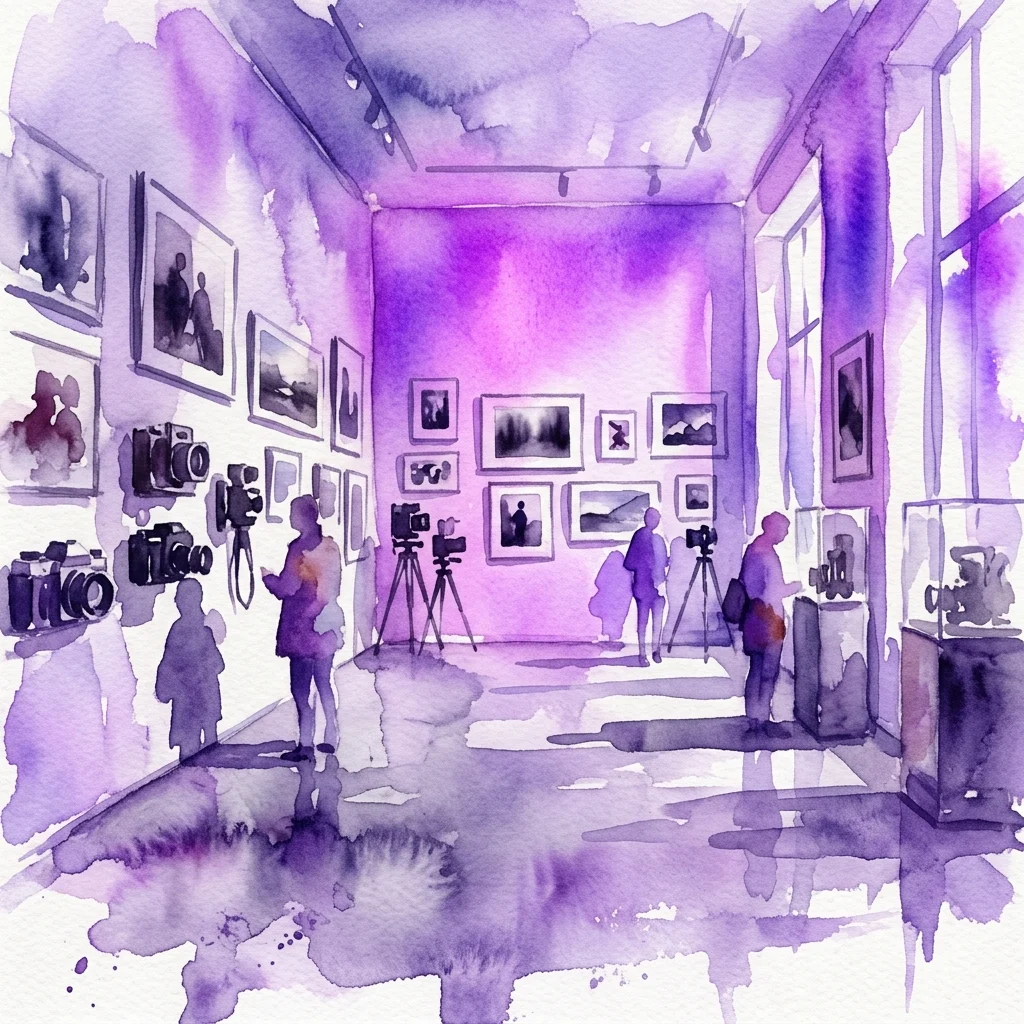 Een aquarelillustratie van een fotografiegalerie met ingelijste foto's aan de muren, vintage camera's tentoongesteld en bezoekers die de exposities observeren onder paarse verlichting.