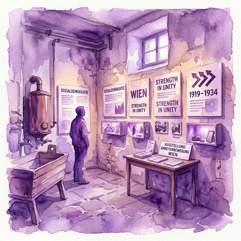 Ilustración en acuarela de una exposición de museo en una lavandería histórica, con paneles informativos sobre socialdemocracia, un lavabo de madera y una mesa con folletos, ubicada en Karl-Marx-Hof, Viena.