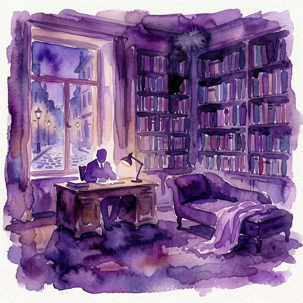 A watercolor illustration of Sigmund Freud's study, featuring a desk with a lamp, a famous couch, bookshelves, and a window view of a Viennese street at night.