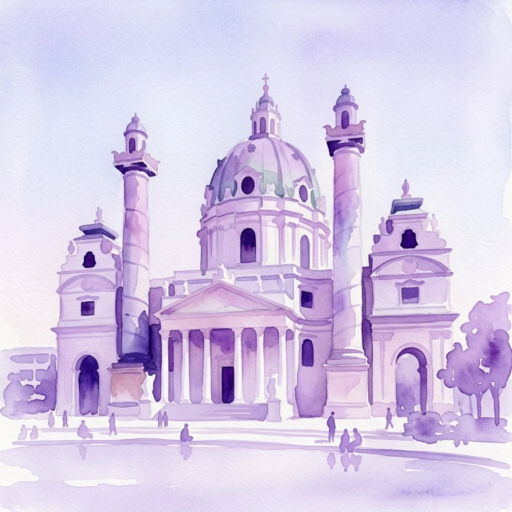 Watercolor illustration of St. Charles' Church in Vienna, showcasing its Baroque architecture with a central dome, twin towers, and classical columns under a clear sky.