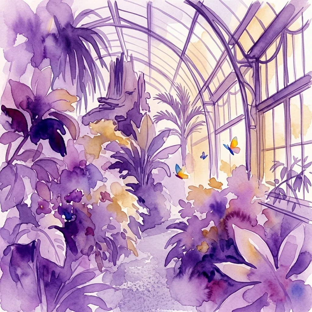 A watercolor illustration of a tropical conservatory with lush purple and yellow plants, Art Nouveau glass architecture, and colorful butterflies flying inside.