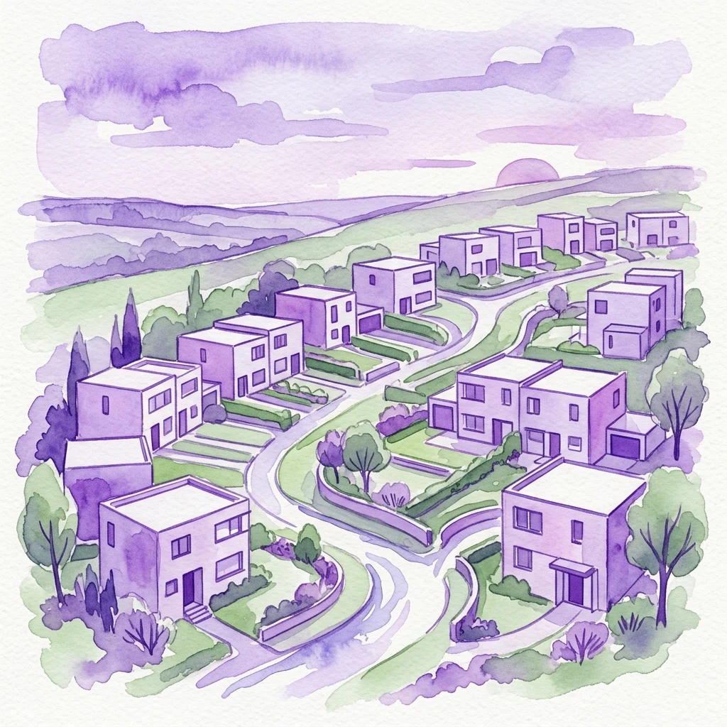 Watercolor illustration of the Werkbund Estate in Vienna, showcasing modernist houses with clean lines and geometric shapes, set on a gently sloping landscape with curved pathways and green spaces.