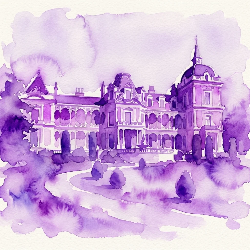 Una ilustración en acuarela púrpura de la Villa Hermes, una gran mansión histórica rodeada de exuberantes jardines, que refleja su herencia imperial y atmósfera serena.