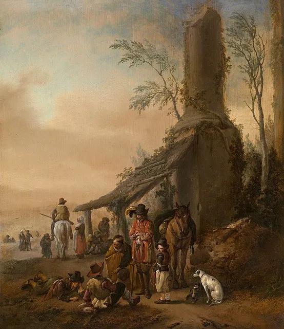 Óleo que muestra a viajeros y caballos descansando cerca de una torre en ruinas con un refugio de paja, con figuras vestidas de época y un perro.