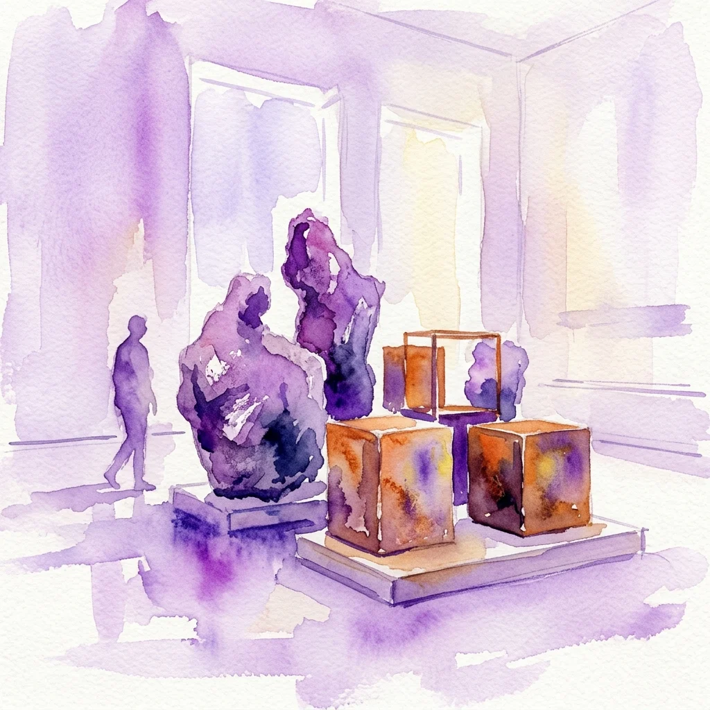 Ilustración en acuarela de una galería de museo que presenta formas escultóricas abstractas de color púrpura y cubos de bronce sobre pedestales, con la silueta de un visitante.