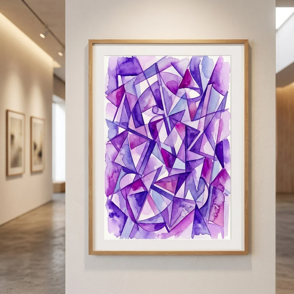 Acuarela abstracta cubista enmarcada que presenta formas geométricas que se cruzan en tonos morados y rosas, expuesta en la pared de una galería.