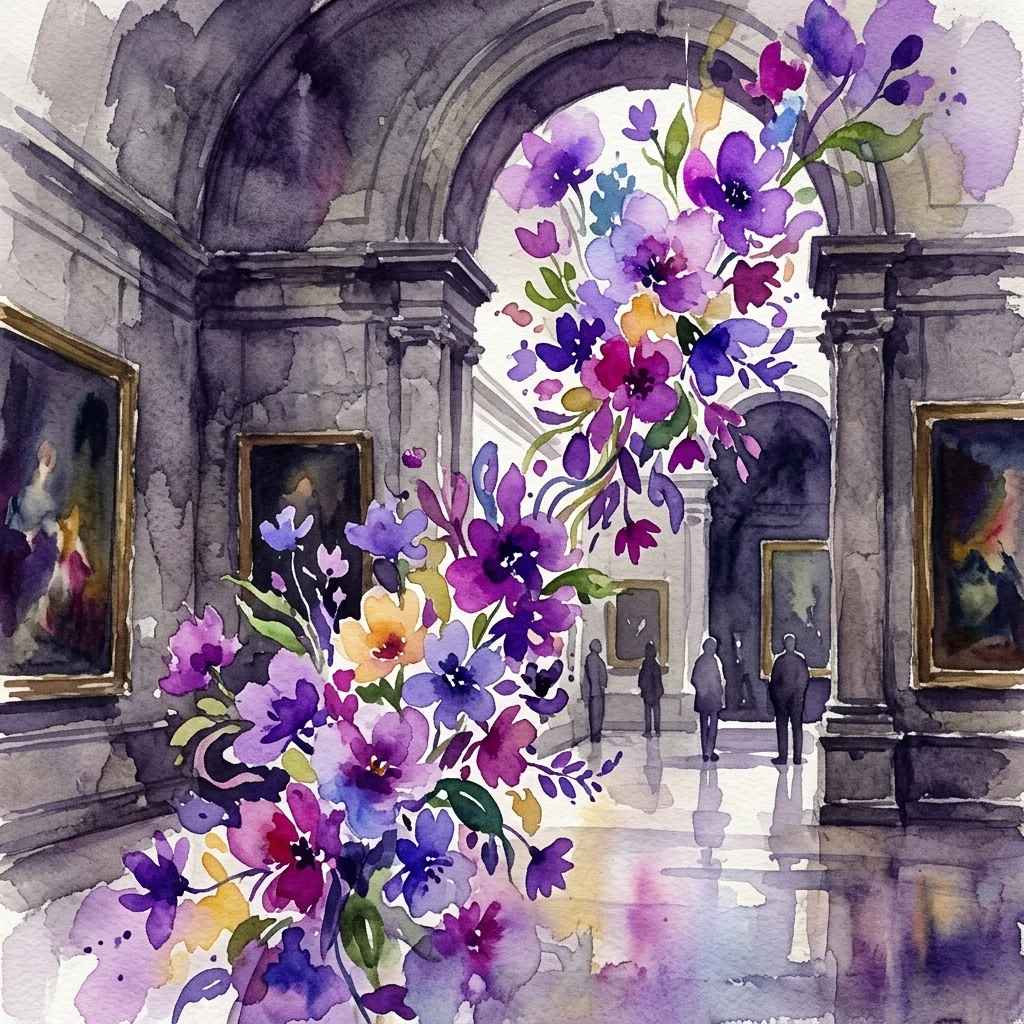 Aquarelillustratie van de tentoonstelling In Full Bloom in het KMSKA, waarop levendige paarse bloemen contrasteren met de klassieke architectuur van het museum.