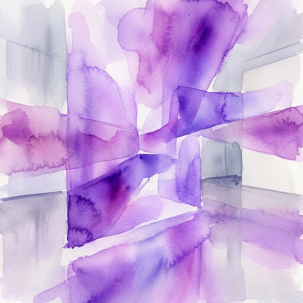 Composición abstracta con lavados superpuestos en tonos púrpura, violeta y gris, que evocan los campos de color etéreos y luminosos de la exposición de Jef Verheyen.