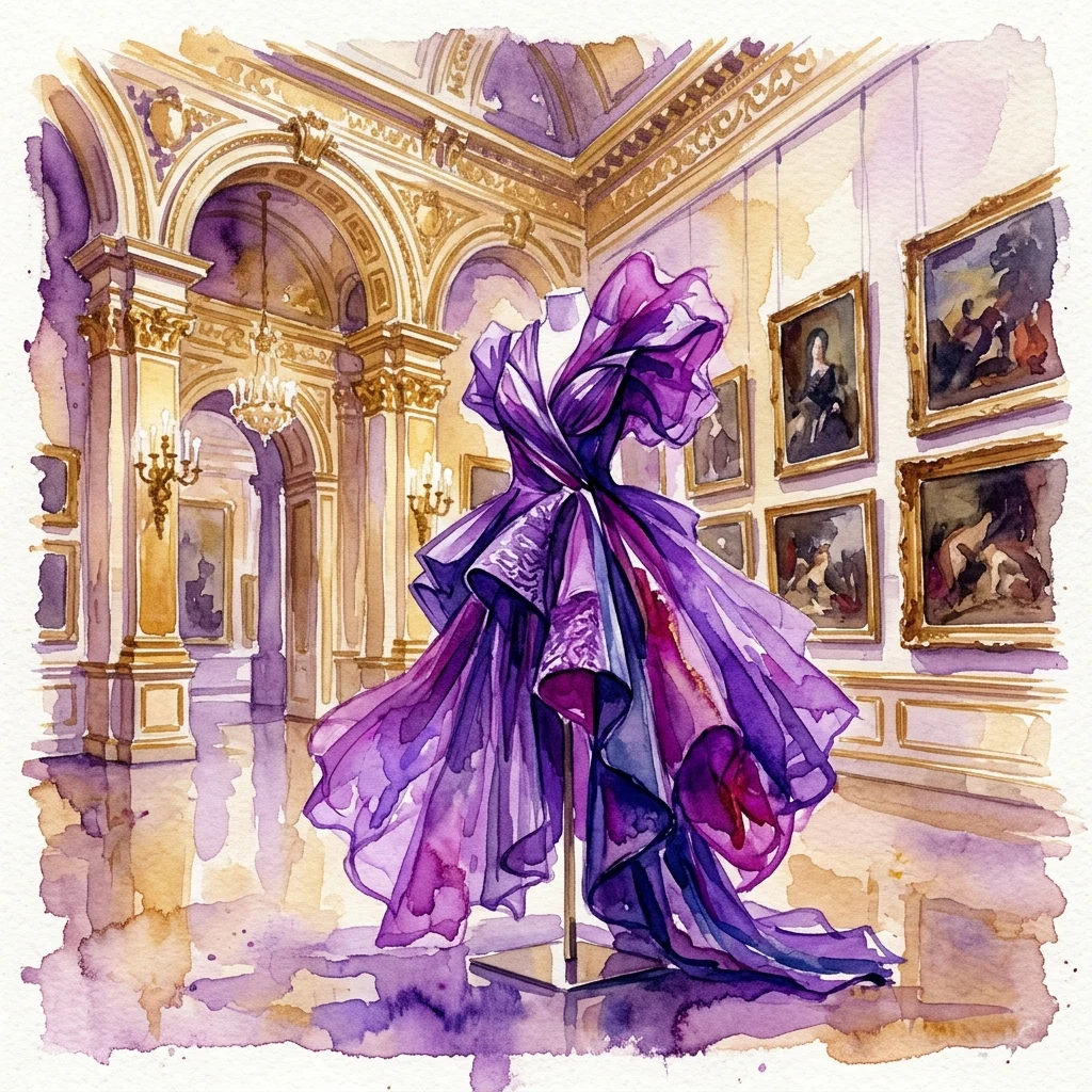 Ilustración en acuarela de un voluminoso vestido de moda de vanguardia de color púrpura sobre un maniquí en una galería de museo clásica con arcos dorados y pinturas históricas.