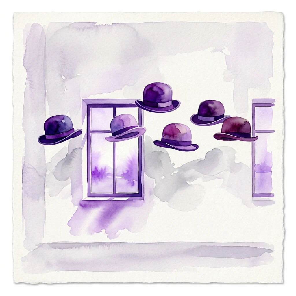 Una ilustración en acuarela de color morado al estilo de René Magritte, que muestra bombines flotando alrededor de una ventana, promocionando la exposición La ligne de vie.