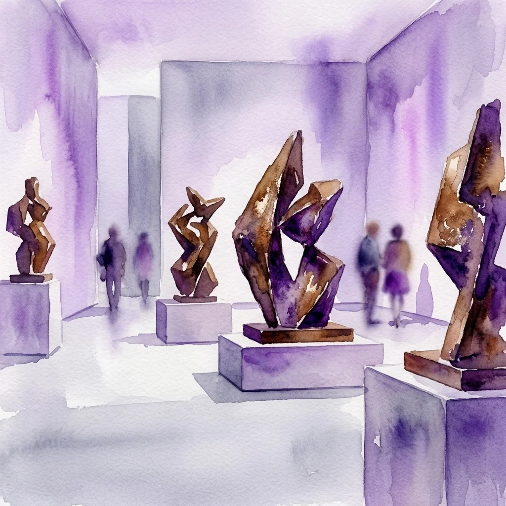 Watercolor illustration of a museum gallery featuring abstract angular bronze sculptures on white plinths, with blurred visitors viewing the art.