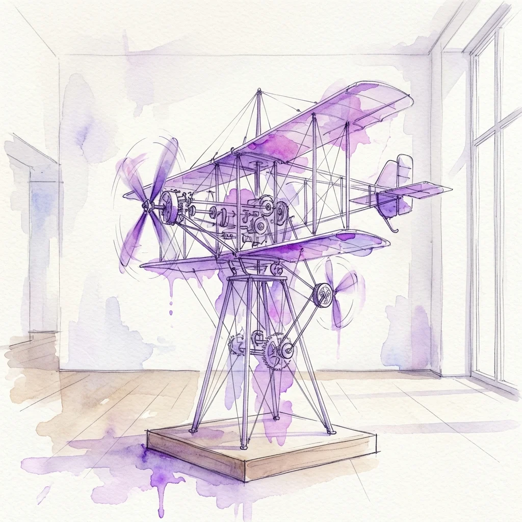 Una ilustración en acuarela de la caprichosa escultura cinética de Panamarenko, similar a un biplano con hélices giratorias, expuesta sobre un soporte en una luminosa galería de museo.