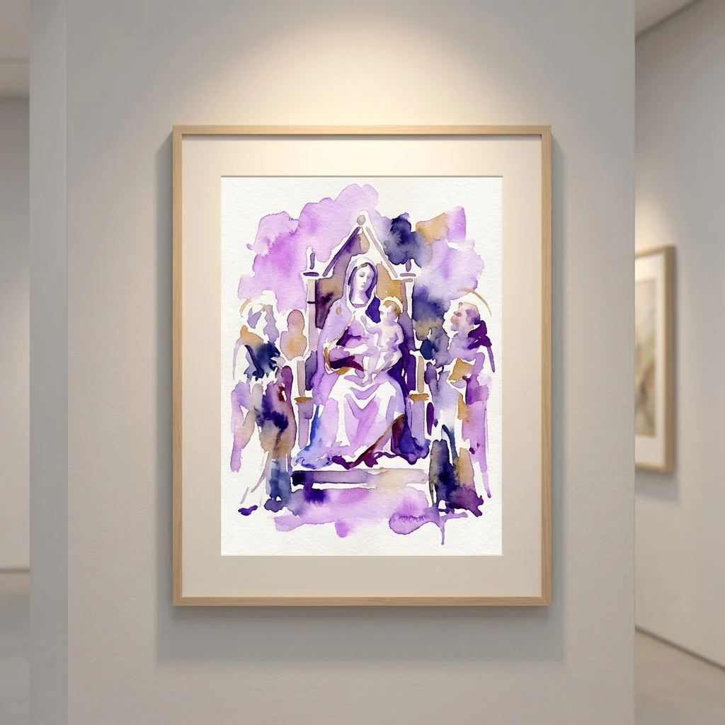 Acuarela enmarcada de la Virgen entronizada con santos en tonos lavados de púrpura, colgada en una pared blanca de una galería de museo.