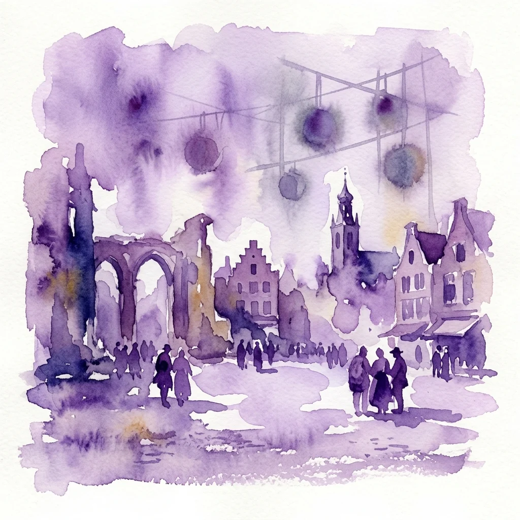 Purple watercolor illustration of a historical city square with ruins, figures, and hanging objects, representing the Fall of Alba's Citadel exhibition.