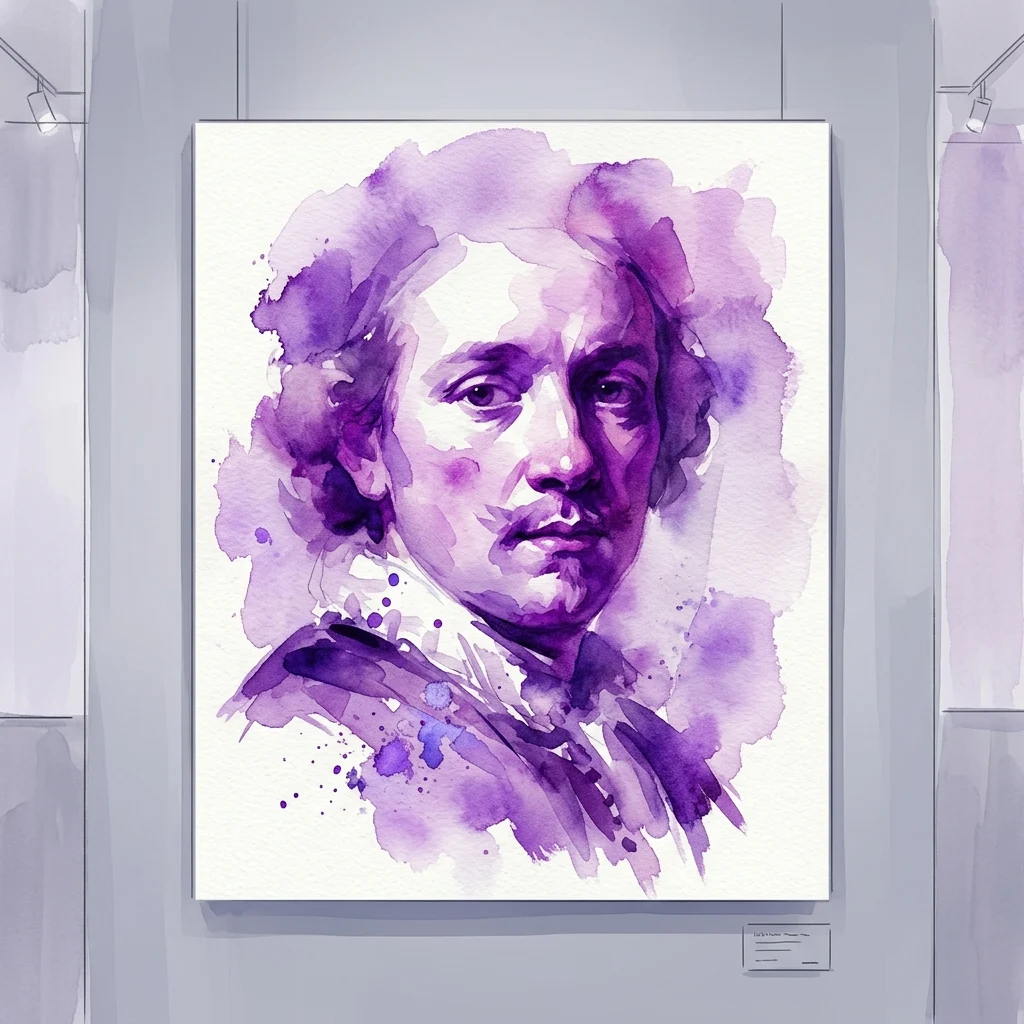 Un retrato en acuarela de color morado de un hombre con pelo rizado colgado en una pared blanca de una galería, evocando el estilo tronie de la exposición Turning Heads.
