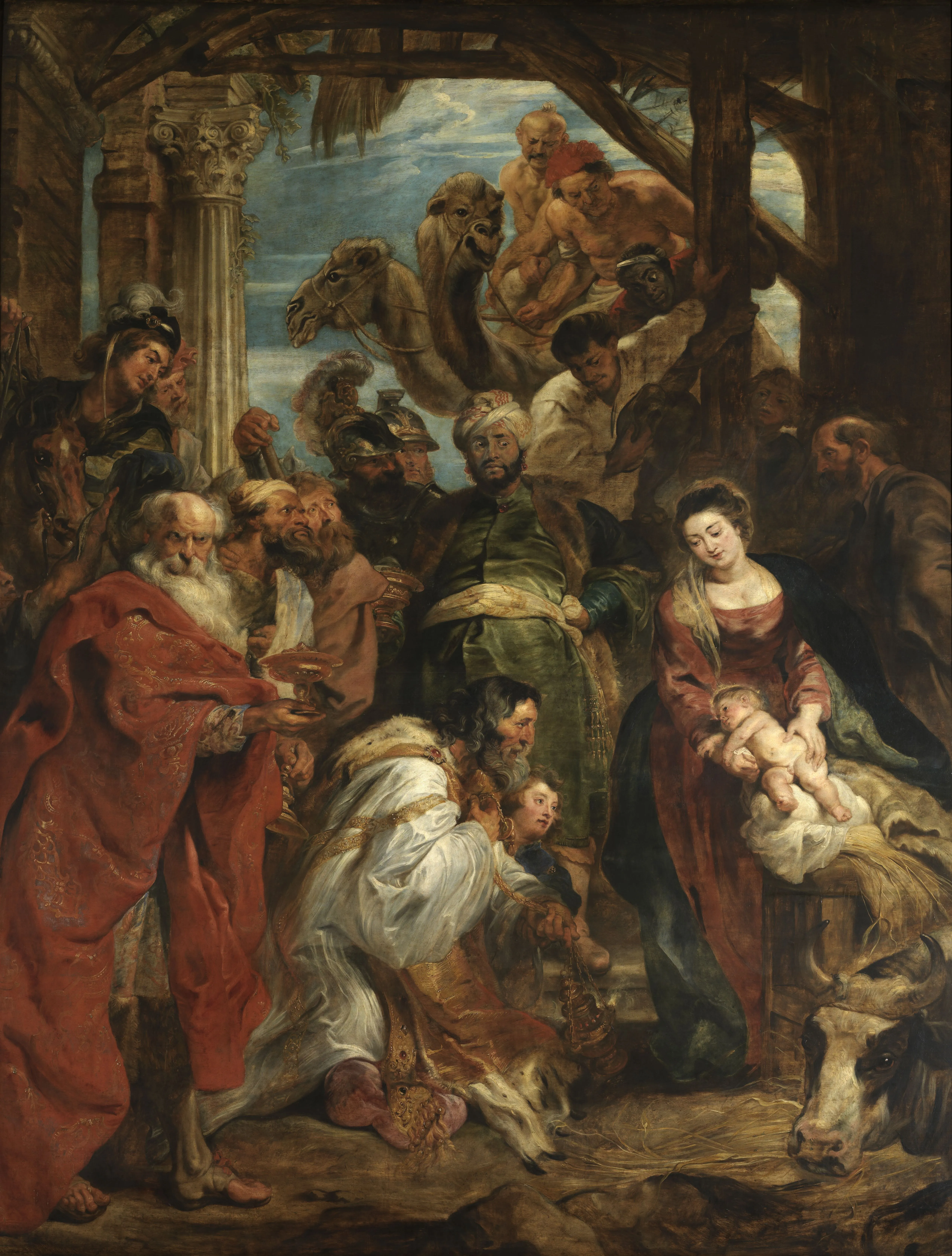 Pintura barroca que representa la Adoración de los Magos con María sosteniendo al niño Jesús, tres reyes ofreciendo regalos y camellos en el fondo.