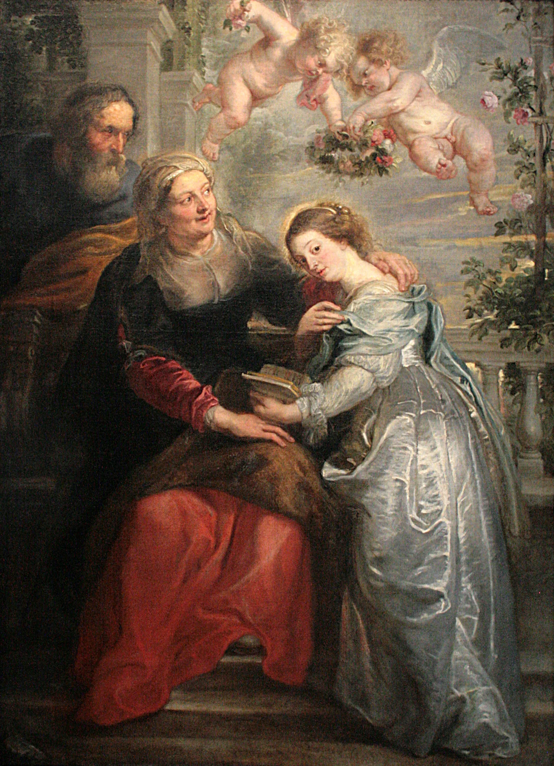 Olieverfschilderij met de Opvoeding van Maria, waarop de heilige Anna in een rode jurk zit, de jonge Maria in een zilverblauwe japon, Joachim achter hen, en twee cherubijnen daarboven die een bloemenslinger vasthouden.