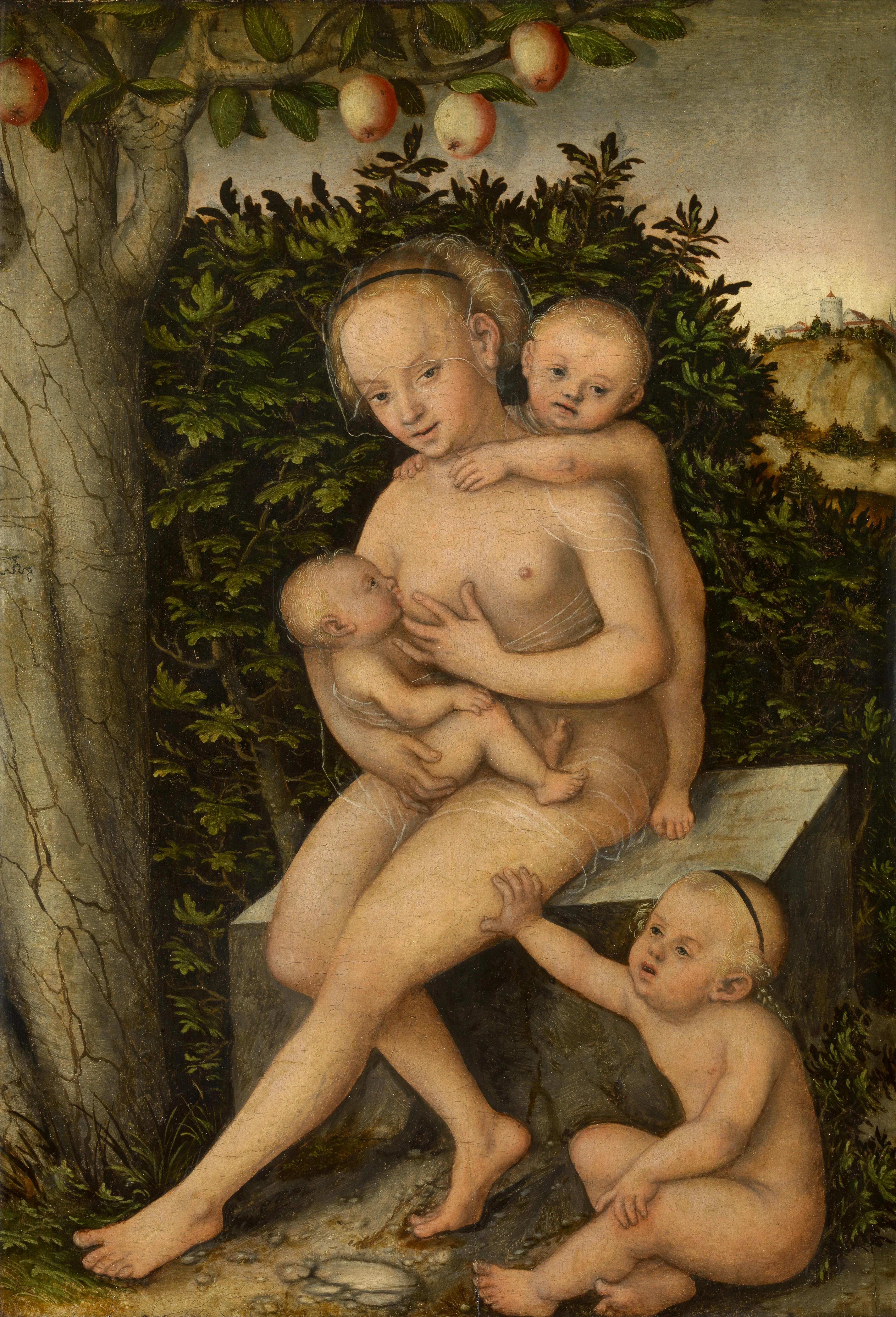 Pintura renacentista que representa a Caritas, una mujer sentada amamantando a un niño mientras otros dos juegan cerca, situada bajo un manzano con manzanas rojas.