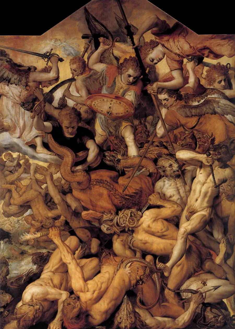 La caída de los ángeles rebeldes de Frans Floris, una caótica pintura renacentista que representa a ángeles y demonios en batalla con espadas y escudos.