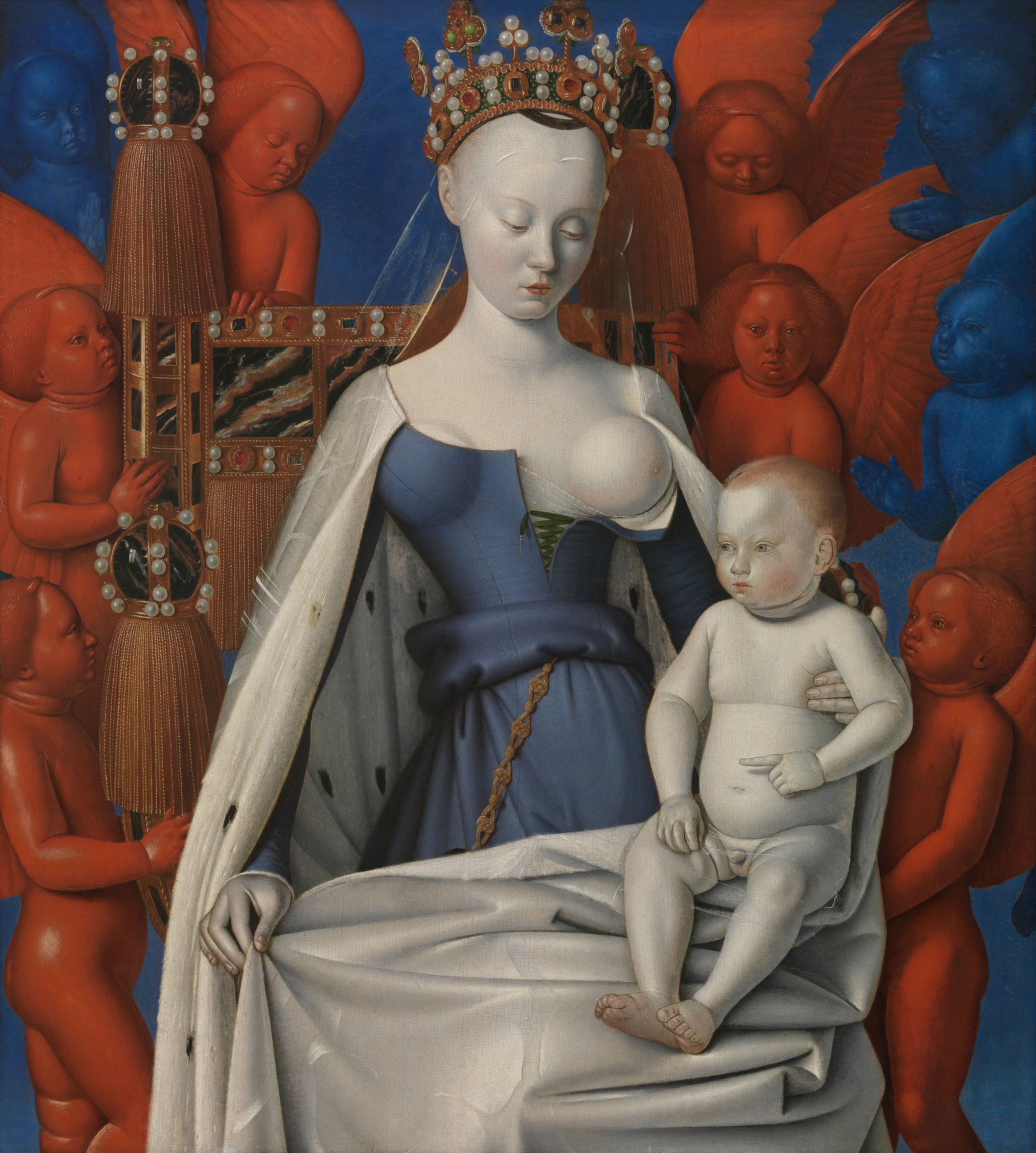 Pintura de la Virgen María con un vestido azul y un manto blanco amamantando al Niño Jesús, rodeada de serafines y querubines rojos y azules sobre un fondo azul.