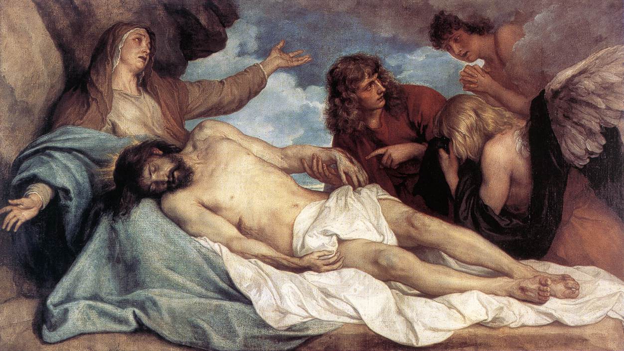 El cuadro 'Lamentación sobre Cristo muerto' de Anthony van Dyck muestra al Cristo muerto sostenido por dolientes y ángeles contra un cielo nublado.