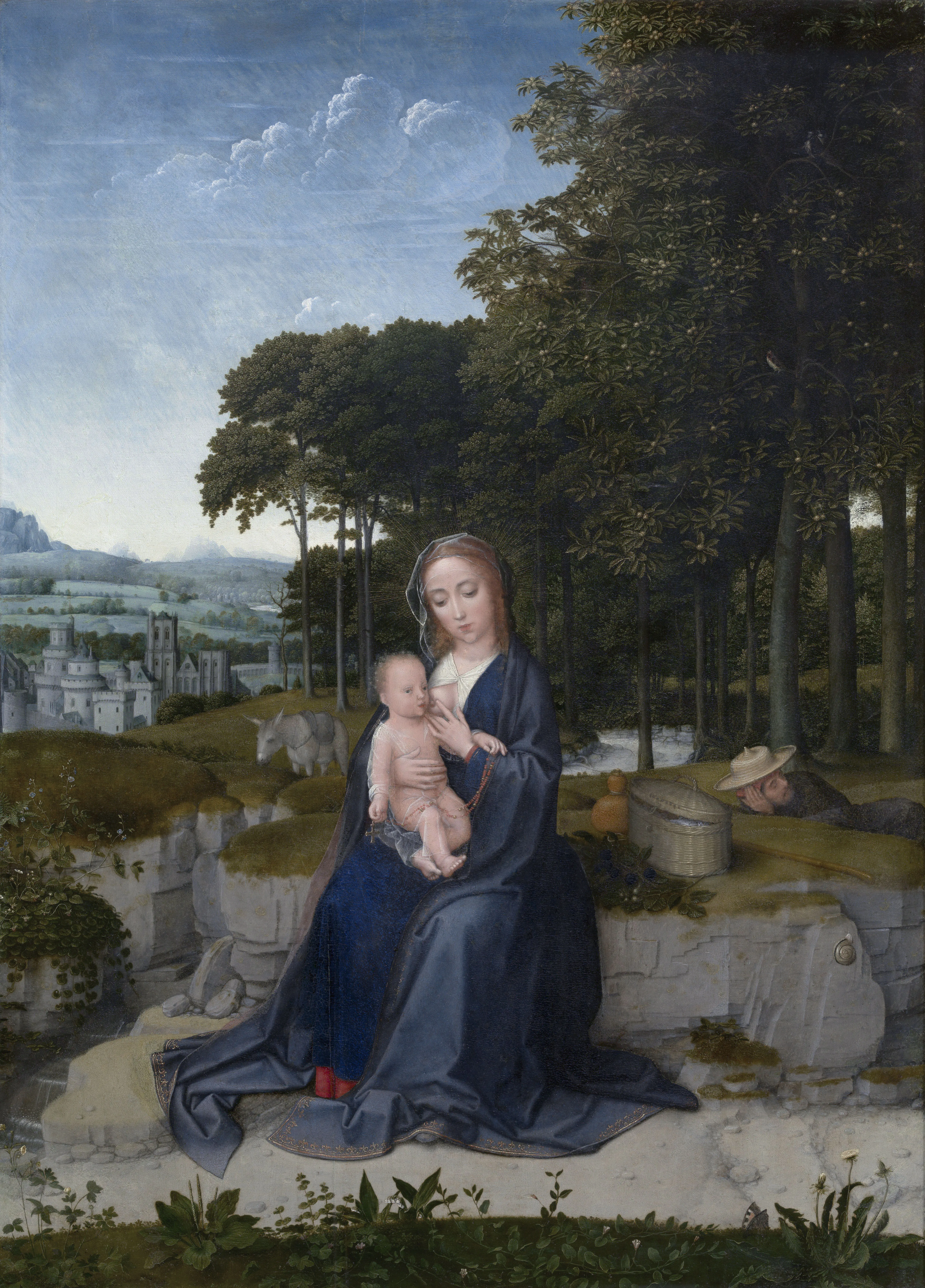 Pintura que representa a la Virgen María con una túnica azul oscuro sosteniendo al Niño Jesús, sentada sobre una ruina de piedra en un paisaje boscoso con una figura durmiente y arquitectura al fondo.