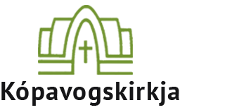 Kópavogskirkja logo featuring a stylized green line-art church with intersecting arches and a cross above the venue name in gray text on a black background